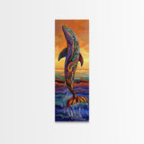 Dolphin Ocean, Sunset Splash, Vibrant marine wall decor Framed Canvas Print, colorful coastal boho art, beach house wall art