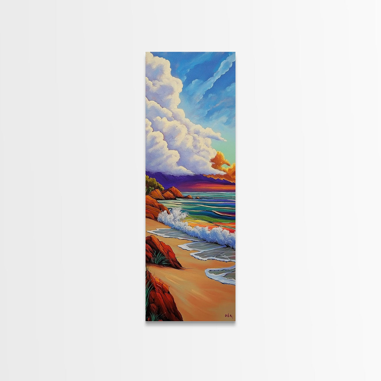 Peaceful Shoreline, Colorful Sunset, Framed Canvas Print ocean waves art, colorful sunset beach painting, vibrant sky seascape, nature art