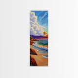 Peaceful Shoreline, Colorful Sunset, Framed Canvas Print ocean waves art, colorful sunset beach painting, vibrant sky seascape, nature art