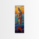Tribal Fish, Ocean Sunset, Nautical Folk Art, Framed Canvas Print, coastal kitchen decor, whimsical ocean creature, colorful boho wall art