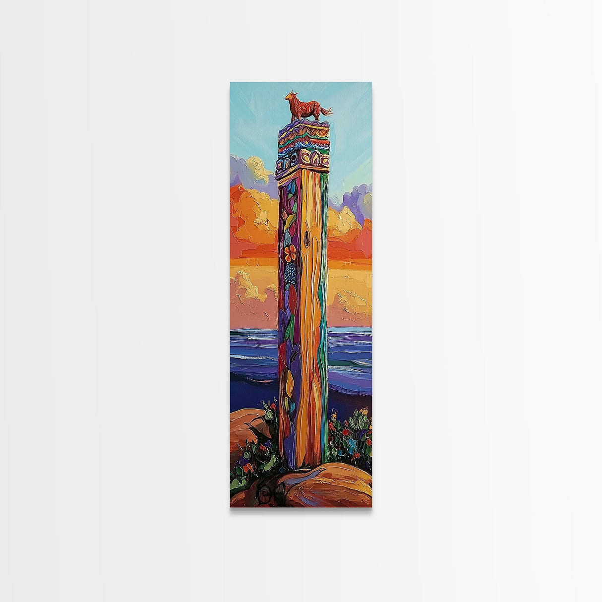 Totem, Ocean, Sunset, Whimsy - Framed Canvas Print, Coastal Totem Wall Art, Whimsical Beach House Decor, Colorful Folk Art Living Room Style