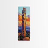 Totem, Ocean, Sunset, Whimsy - Framed Canvas Print, Coastal Totem Wall Art, Whimsical Beach House Decor, Colorful Folk Art Living Room Style