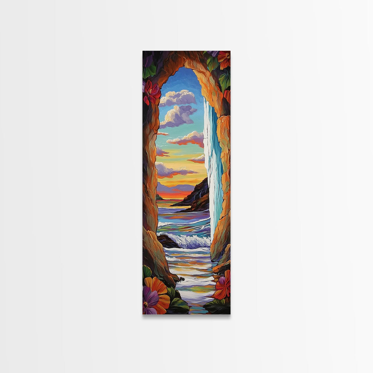 Ocean, Sunset, Archway, View, Framed Canvas Print, Coastal wall decor, tropical beach art, vibrant living room painting, boho landscape style