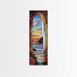 Ocean, Sunset, Archway, View, Framed Canvas Print, Coastal wall decor, tropical beach art, vibrant living room painting, boho landscape style
