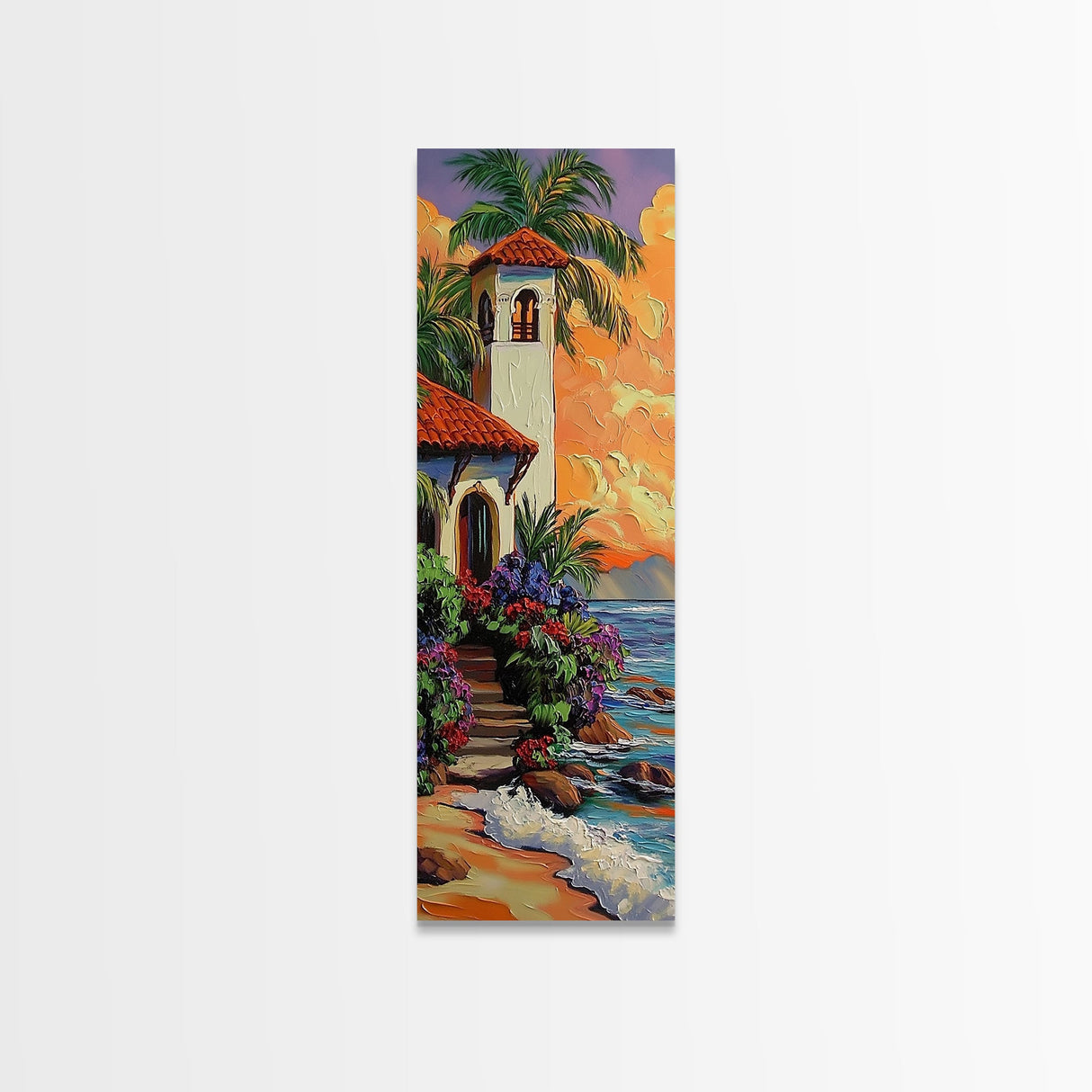 Seaside, Villa, Sunset, Palms, Framed Canvas Print, Coastal tropical wall art, beach house decor, boho living room painting, colorful home vibes