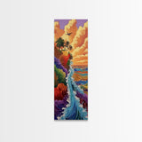 Rainbow Cliff, Ocean Waves, Sunset Coast, Framed Canvas Print, tropical beach decor, vibrant boho wall art, coastal entryway painting
