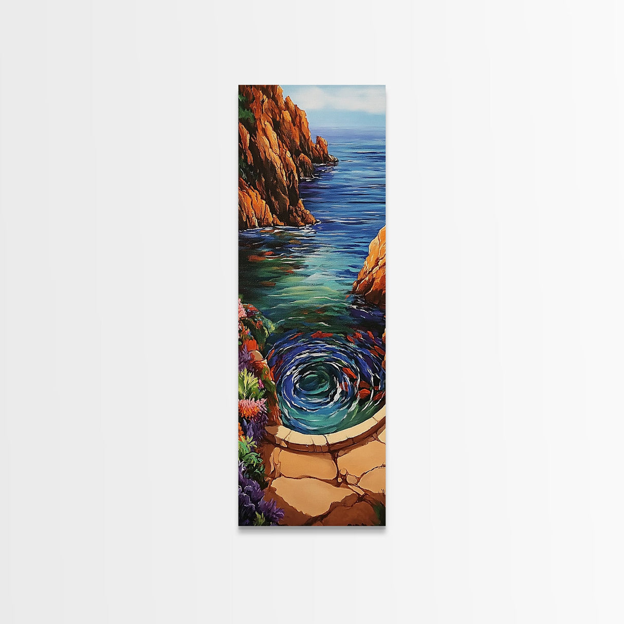 Ocean, Vortex, Cliffside, Landscape, Framed Canvas Print with ocean whirlpool, mystical seascape, fantasy art, coastal bathroom wall art