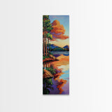 Lake, Pines, Sunset, Art, Framed Canvas Print of forest lakeside at golden hour, tranquil nature art, cozy cabin wall decor, Fall vibes