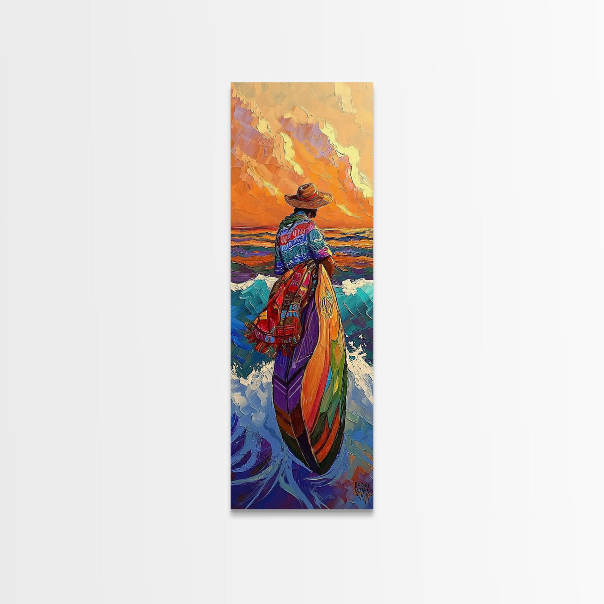 Woman, Sunset, Canoe, Vibrant Mexican Sunset Canvas Print, Latin American Decor, Living Room Wall Art, Bohemian Coastal Painting