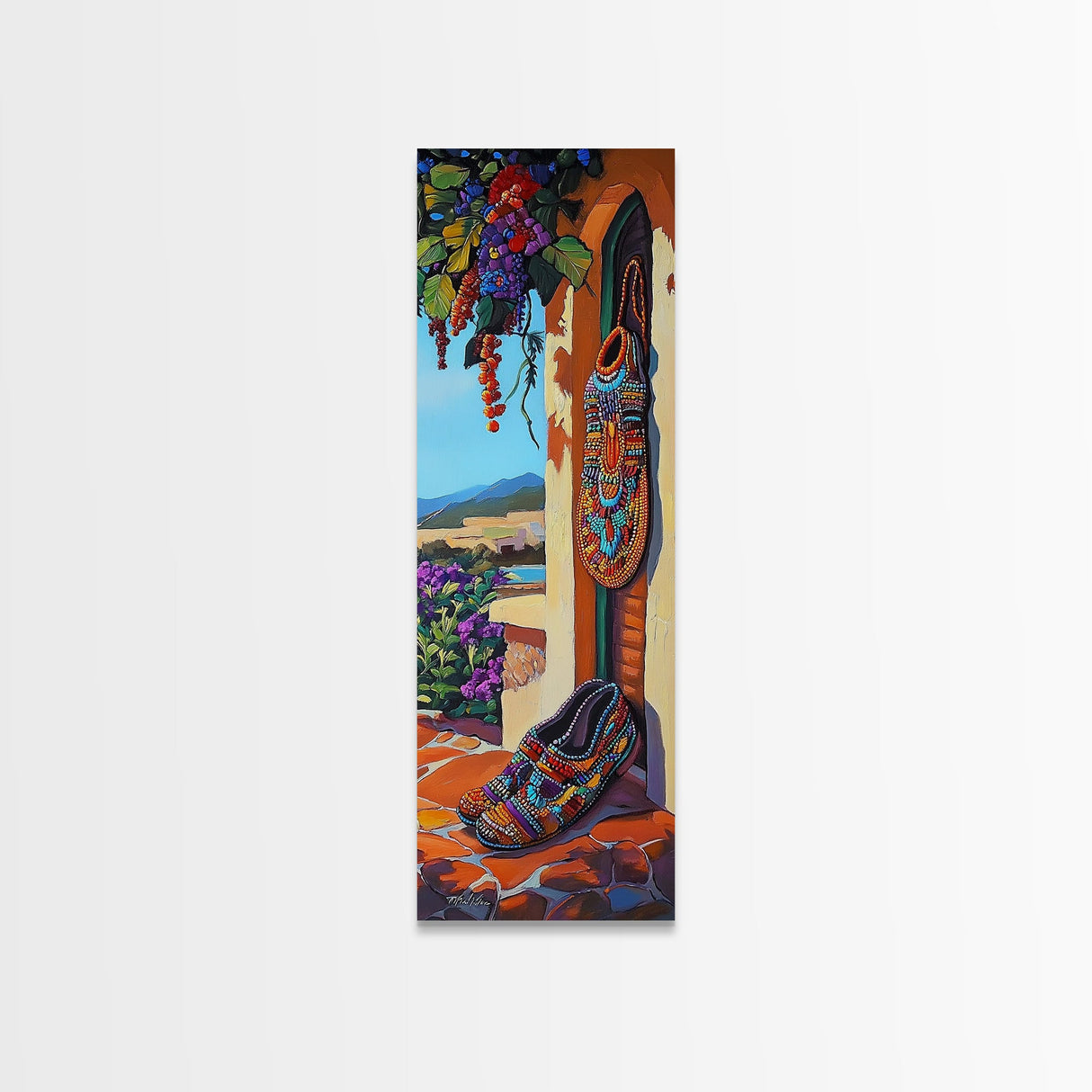 Shoes, Beads, Southwest, Colorful Beaded Footwear Canvas Print, Rustic Southwestern Decor, Entryway Wall Art, Boho Mexican Style