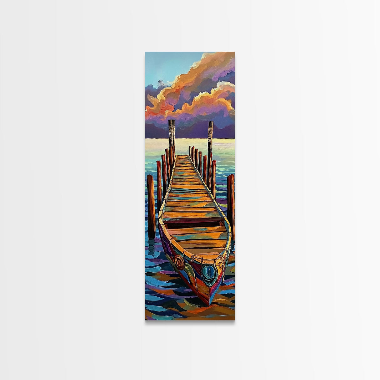 Boat, Dock, Sunset, Water, Canvas Print, Serene Nautical Wall Art, Lakehouse Decor, Minimalist Ocean Landscape, Peaceful Seascape