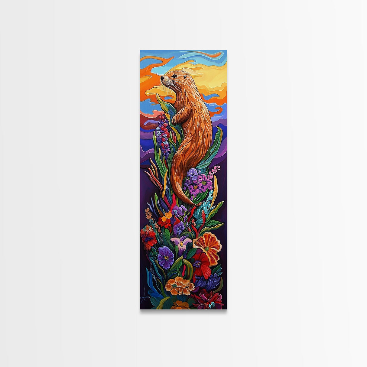 Otter, Flowers, Fantasy, Wildlife, Framed Canvas Print, Whimsical animal art in vibrant palette, ideal Nursery Art or Nature Lover Decor