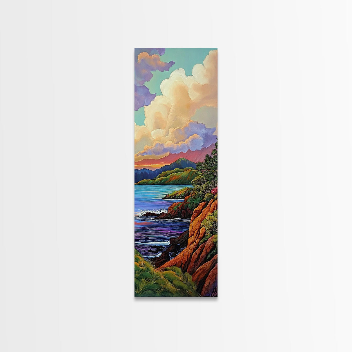 Coastal, Sunset, Cliffs, Horizon, Framed Canvas Print, Bold ocean view in painterly style, perfect Living Room Wall Art or Nature Inspired Decor