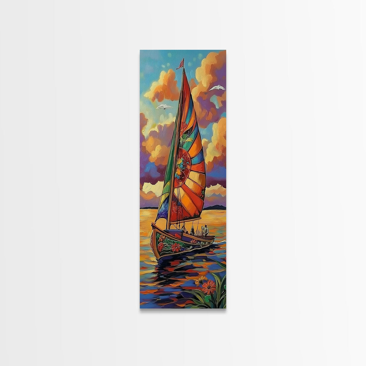 Sailboat Sunset, Nautical Colors, Coastal Adventure Wall Art, Tropical Summer Decor, Beach House Style, Framed Canvas Print