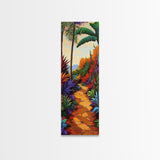 Tropical Pathway, Palms, Jungle Walkway Framed Canvas Print, Bohemian Wall Art, Bedroom Botanical Decor, Vibrant Nature Illustration