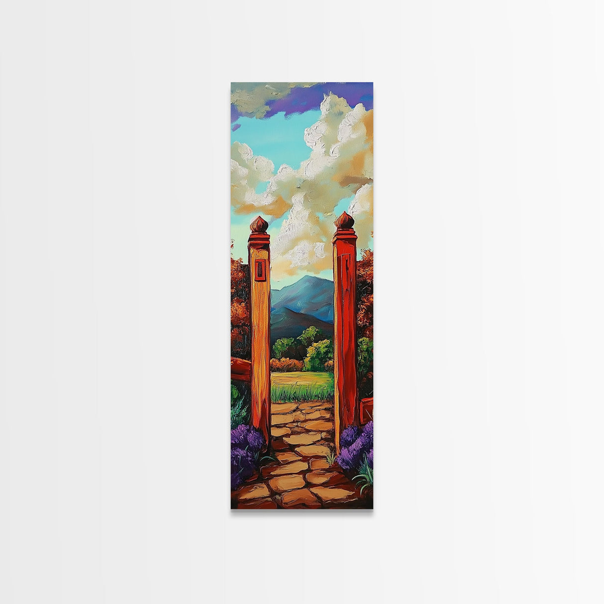 Country Gate, Meadow, Rustic Garden Landscape Framed Canvas Print, Farmhouse Wall Art, Autumn Entryway Decor, Peaceful Nature Scene