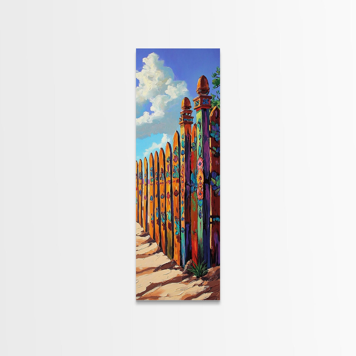 Fence Desert, Colorful, Southwest Boho Vibes Framed Canvas Print, Rustic Living Room Art, Eclectic Wall Decor, Vibrant Folk Style