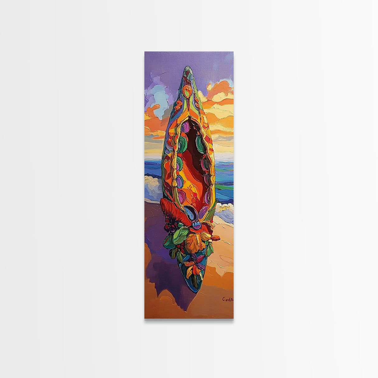 Canoe Beach, Sunset, Vibrant Boat Art Framed Canvas Print, Coastal Wall Decor, Tropical Living Room Art, Colorful Boho Adventure Scene