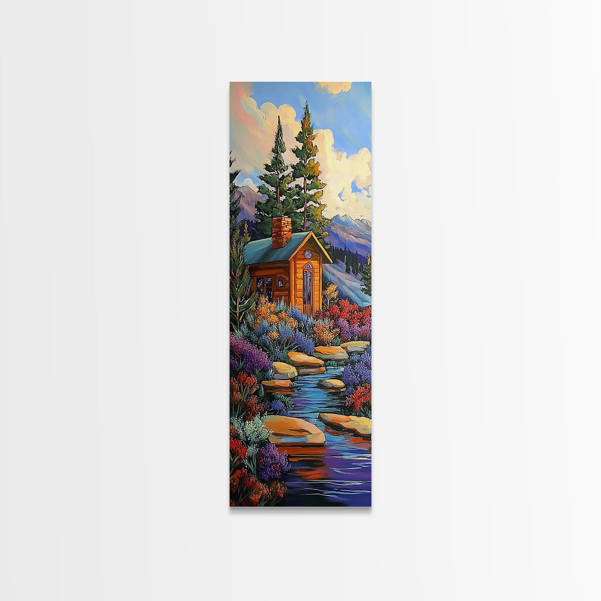 Mountain Cabin, Forest Path, Autumn Escape, Framed Canvas Print, cozy fall cabin wall art, rustic lodge decor, nature inspired artwork