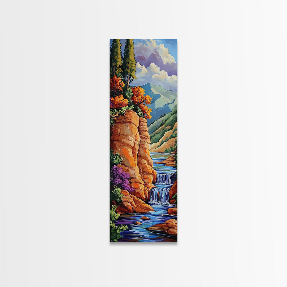 Mountain Stream, Waterfall Glow, Fall Colors, Framed Canvas Print, rustic autumn landscape, cozy cabin or lodge wall art, nature lover gift