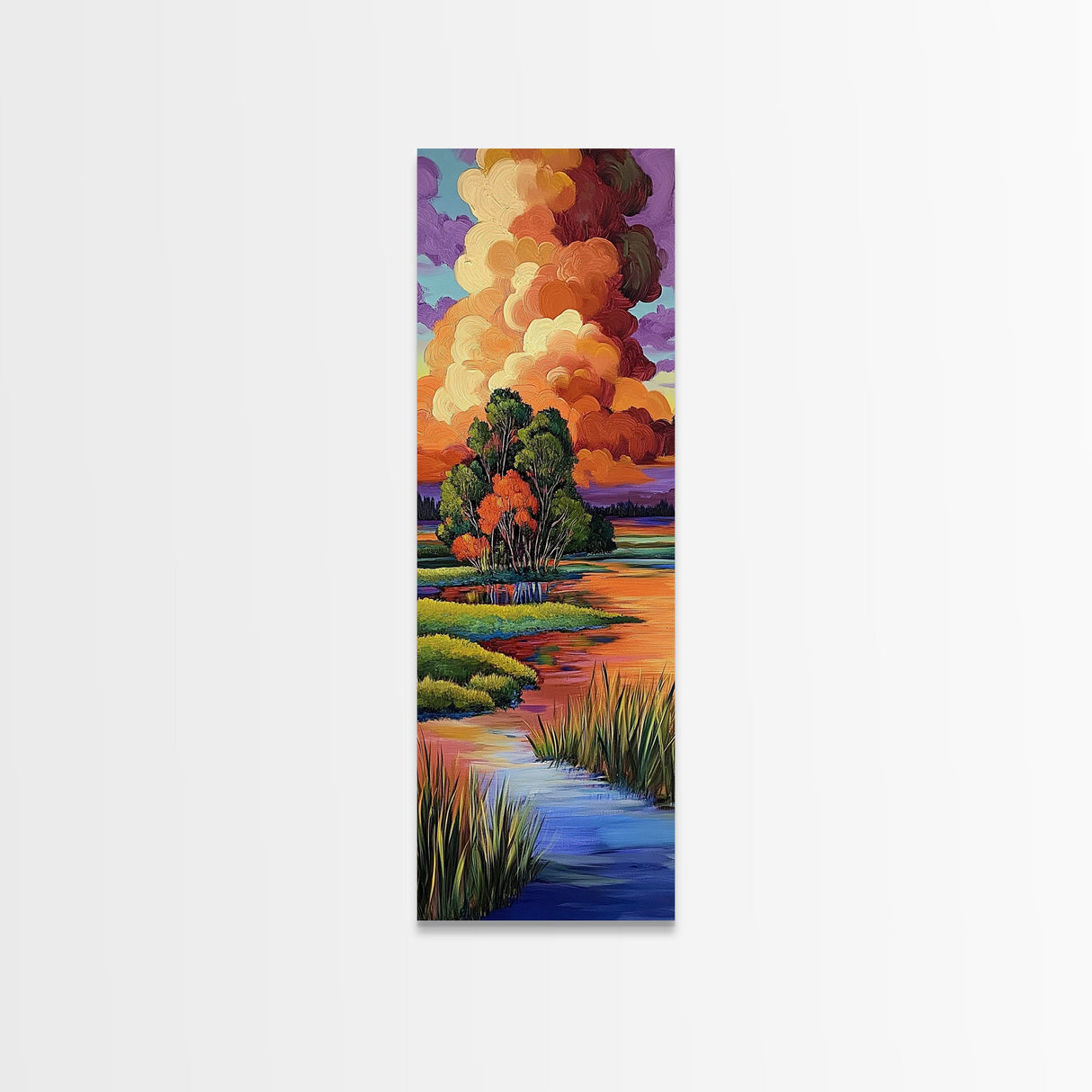 Autumn Marsh, Sunset Glow, Serene Trees, Framed Canvas Print, warm fall landscape art, peaceful country home decor, boho wall design