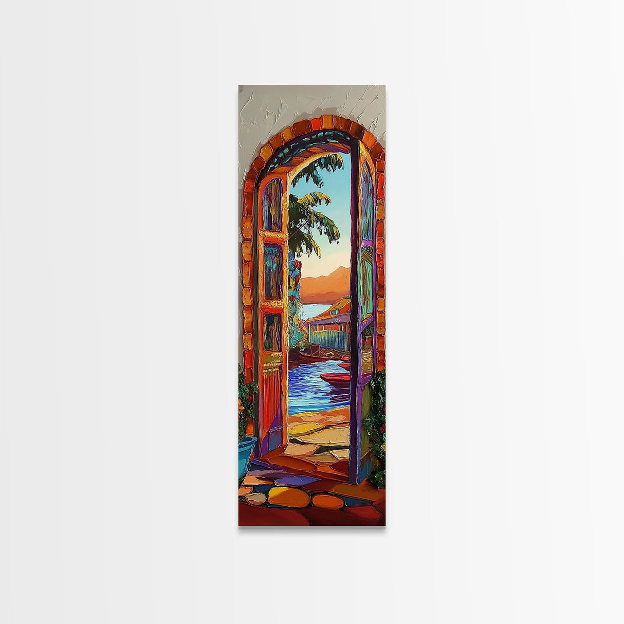 Open Doorway, Water, Boats — Canvas Print of seaside view through open door, perfect Coastal Bathroom Wall Art or Tropical Living Room Decor