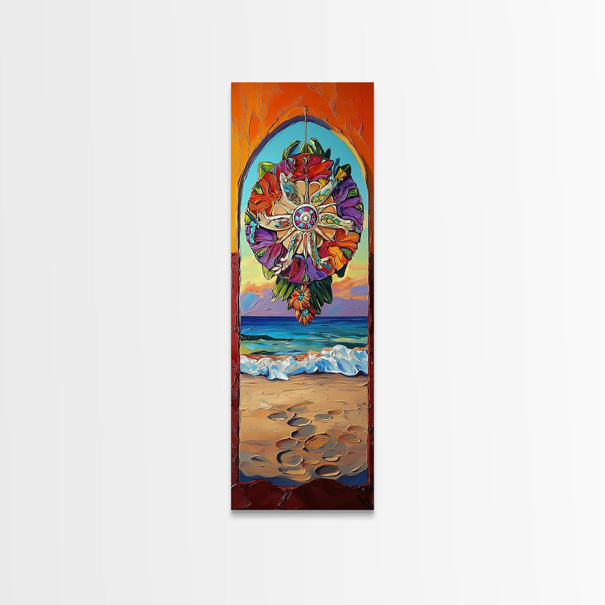 Sunset Beach, Mandala, Coastal Archway Framed Canvas Print, Boho Ocean Wall Art, Vibrant Entryway Decor, Spiritual Coastal Style