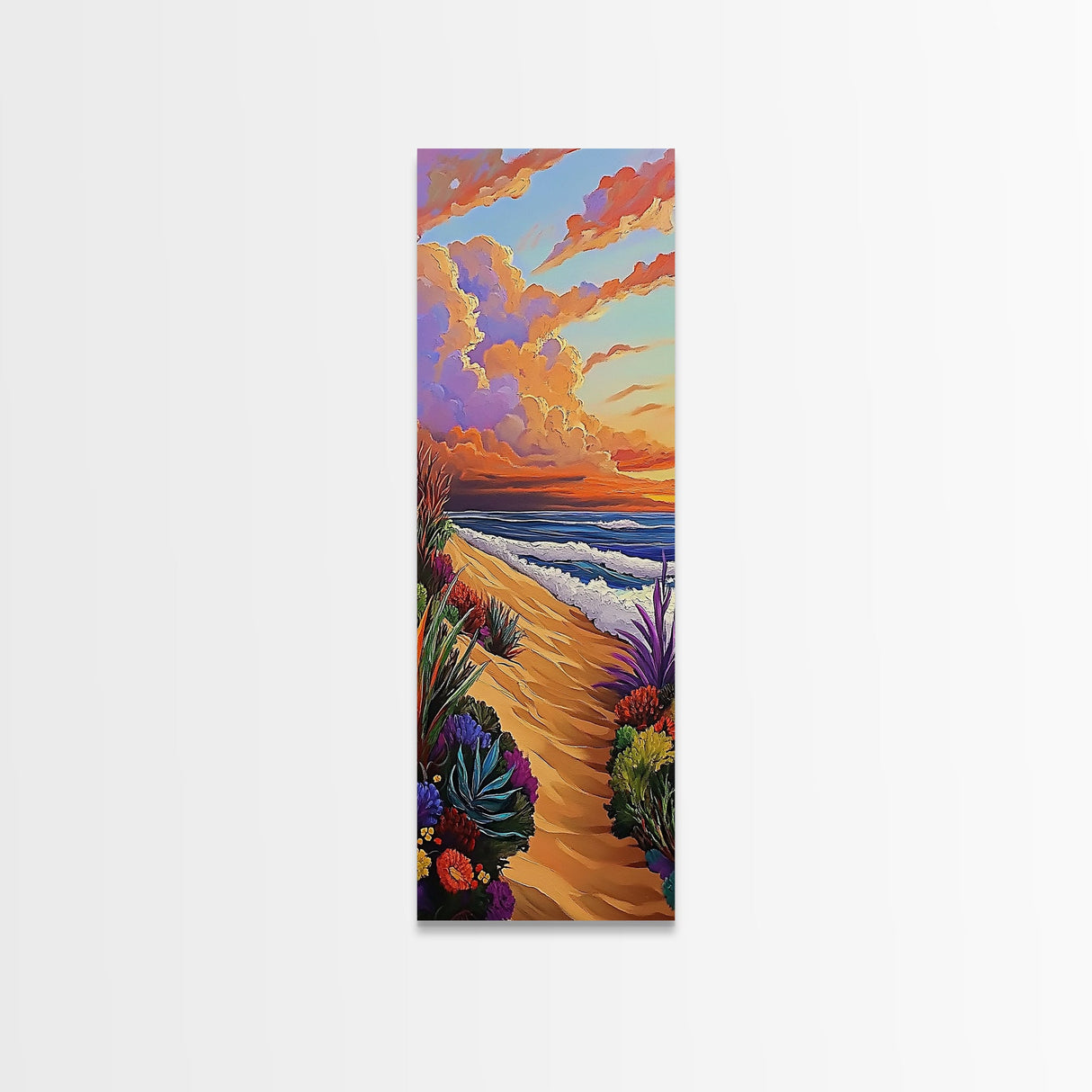 Seaside Sunset, Floral, Ocean Pathway Canvas Print, Vibrant Beach Decor, Coastal Hallway Wall Art, Bold Bohemian Beach Painting
