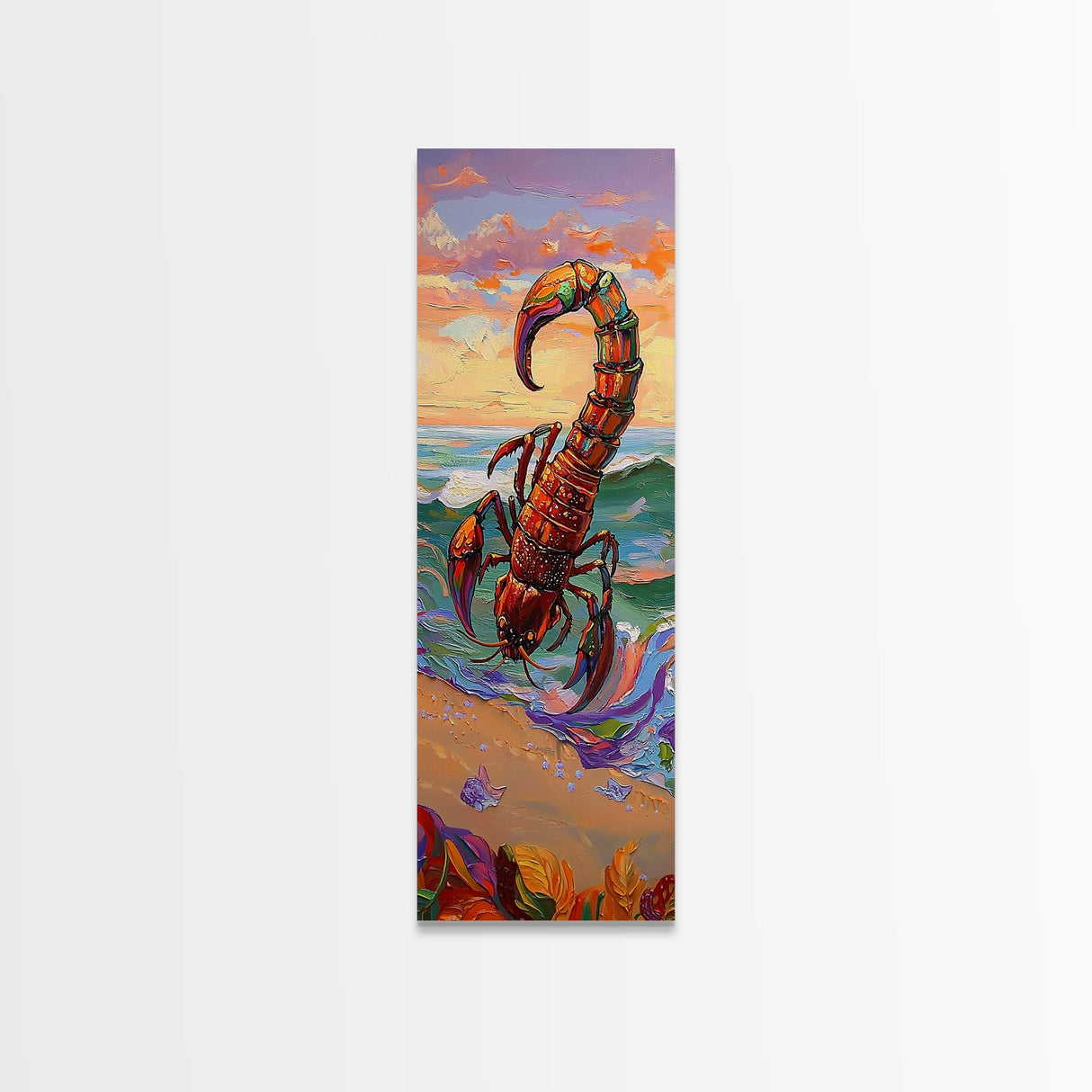 Scorpion Ocean, Sunset, Framed Canvas Print, Bold Coastal Wall Art, Beach Bedroom Decor, Vibrant Nautical Style, Surreal Animal Artwork