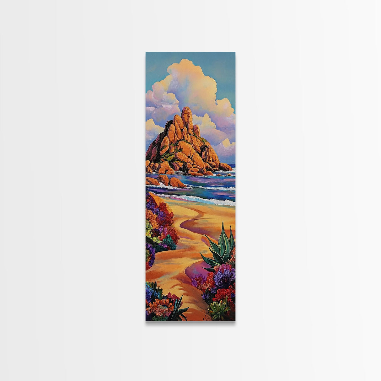 Coastal Path, Mountain, Framed Canvas Print, Vibrant Beach Landscape Wall Art, Desert Coastal Decor, Colorful Nature Living Room Accent