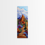 Trail Path, Wildflowers, Mountain View, Nature Escape Scene, Framed Canvas Print, Rustic Boho Wall Art, Cabin Entryway Decor