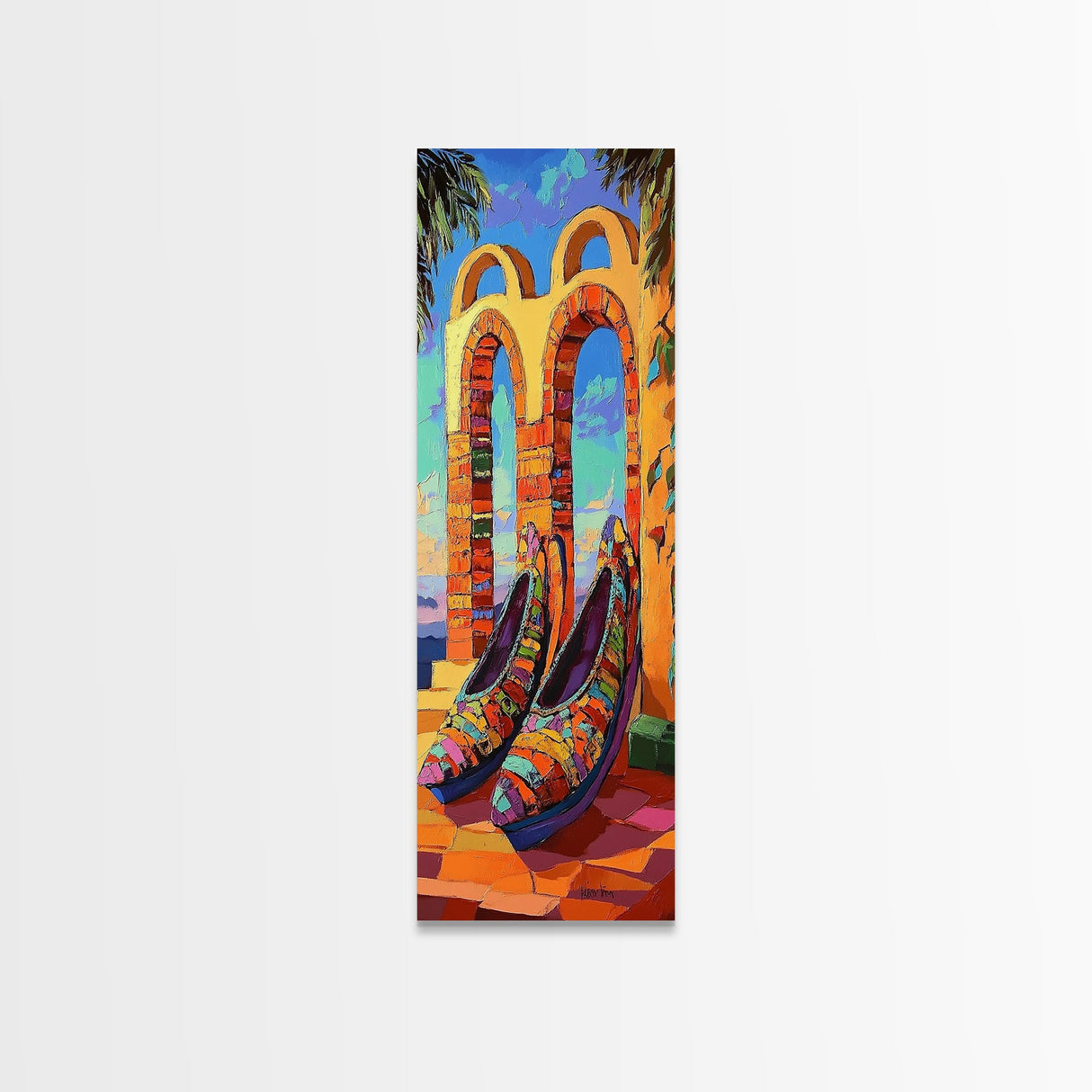 Shoes Archway, Sunset, Canvas Print, Colorful heels with sunset archway background painting, eclectic fashion art, bedroom decor