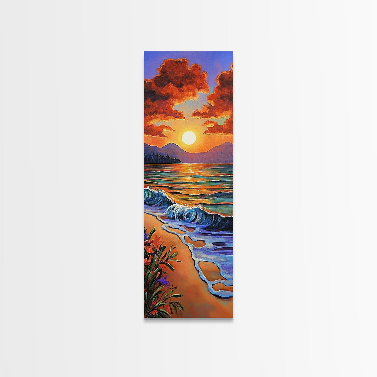 Beach Sunset, Clouds, Coastal Canvas Print vibrant tropical sunset painting, ocean waves art, colorful coastal decor, summer home wall art