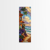 Coastal Villa, Surf, Tropics Canvas Print Mediterranean villa by the sea art, surfboard and tropical plants, boho beach decor, hallway print
