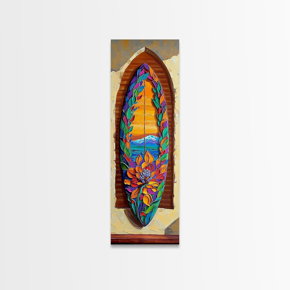 Surfboard Flower, Ocean, Framed Canvas Print, Tropical Beach Wall Art, Boho Coastal Decor, Colorful Surfboard Painting, Bedroom Art
