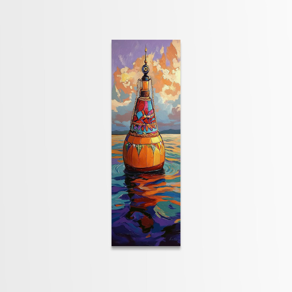Vibrant Buoy, Sunset Waterscape – Nautical Wall Decor, Coastal Art, Ocean Room Accent, Framed Canvas Print, Colorful Boho Sea Art