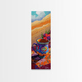 Cup Hibiscus, Coffee, Bold - Framed Canvas Print coffee lover gift, tropical mug painting, breakfast nook decor, colorful boho wall art