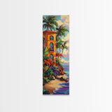 Villa Palms, Beach Colorful — Framed Canvas Print, tropical vacation home decor, beach house art, vibrant coastal scene, entryway print