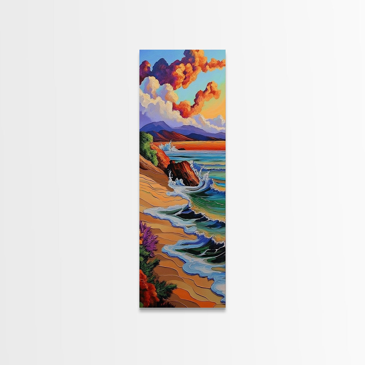 Sunset Beach, Bold Coastline, Ocean Horizon Art, Framed Canvas Print, Modern Landscape Wall Art, Vibrant Living Room Seascape