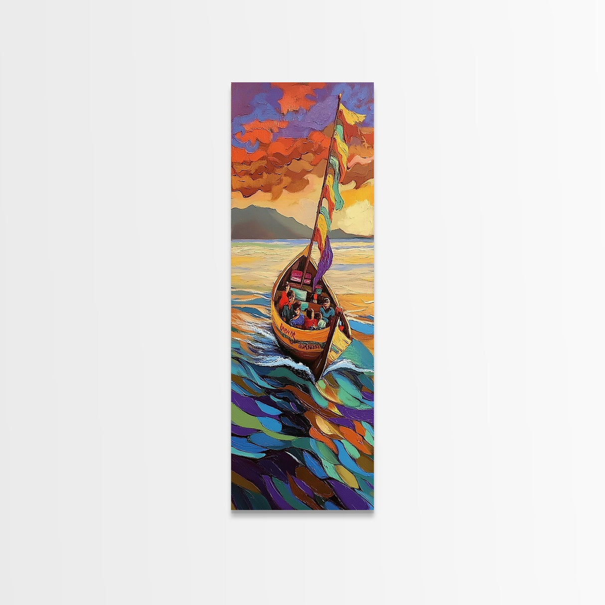 Colorful Boat, Sunset Sea, Vibrant Ocean Scene, Framed Canvas Print, Coastal Wall Decor, Eclectic Living Room Art, Nautical Wall Art