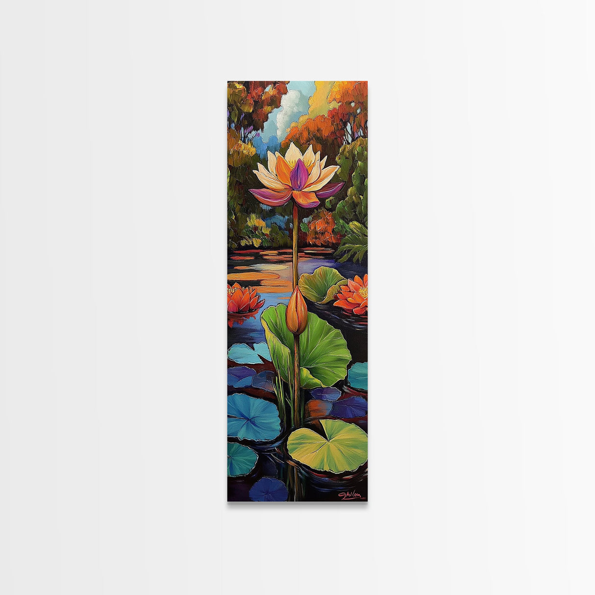 Lotus Blossom, Tranquil Pond, Fall Water Garden, Framed Canvas Print, Zen Wall Decor, Spa Bathroom Art, Peaceful Floral Meditation Art