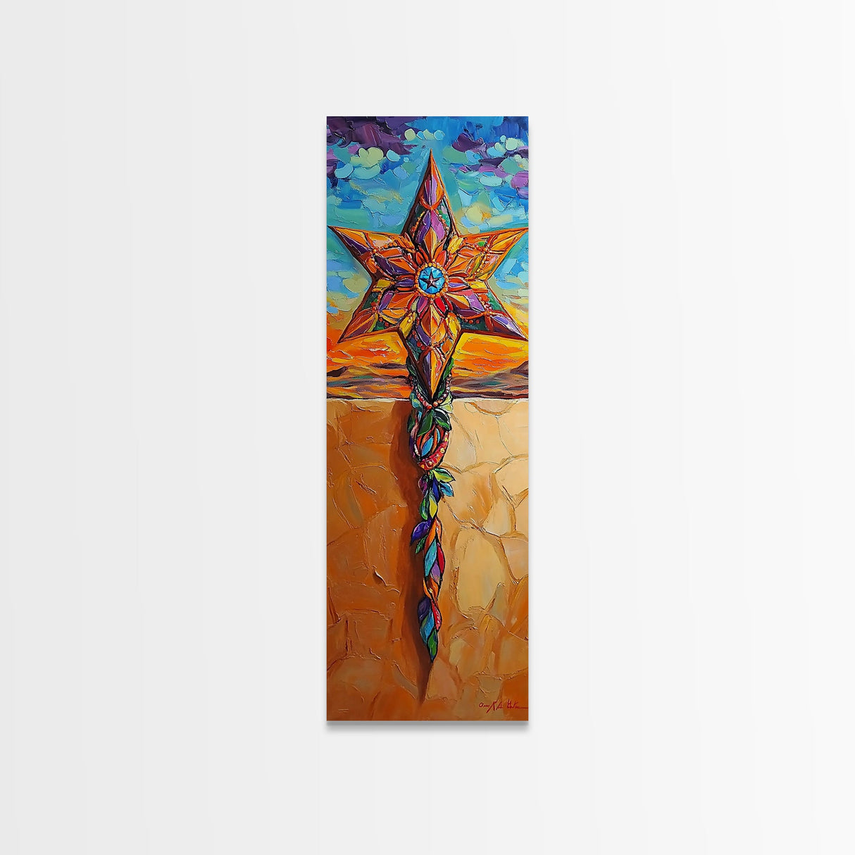 Star Cross, Colorful Sky, Spiritual Folk Symbol, Framed Canvas Print, Southwestern Wall Art, Vibrant Entryway Decor, Festive Religious Art
