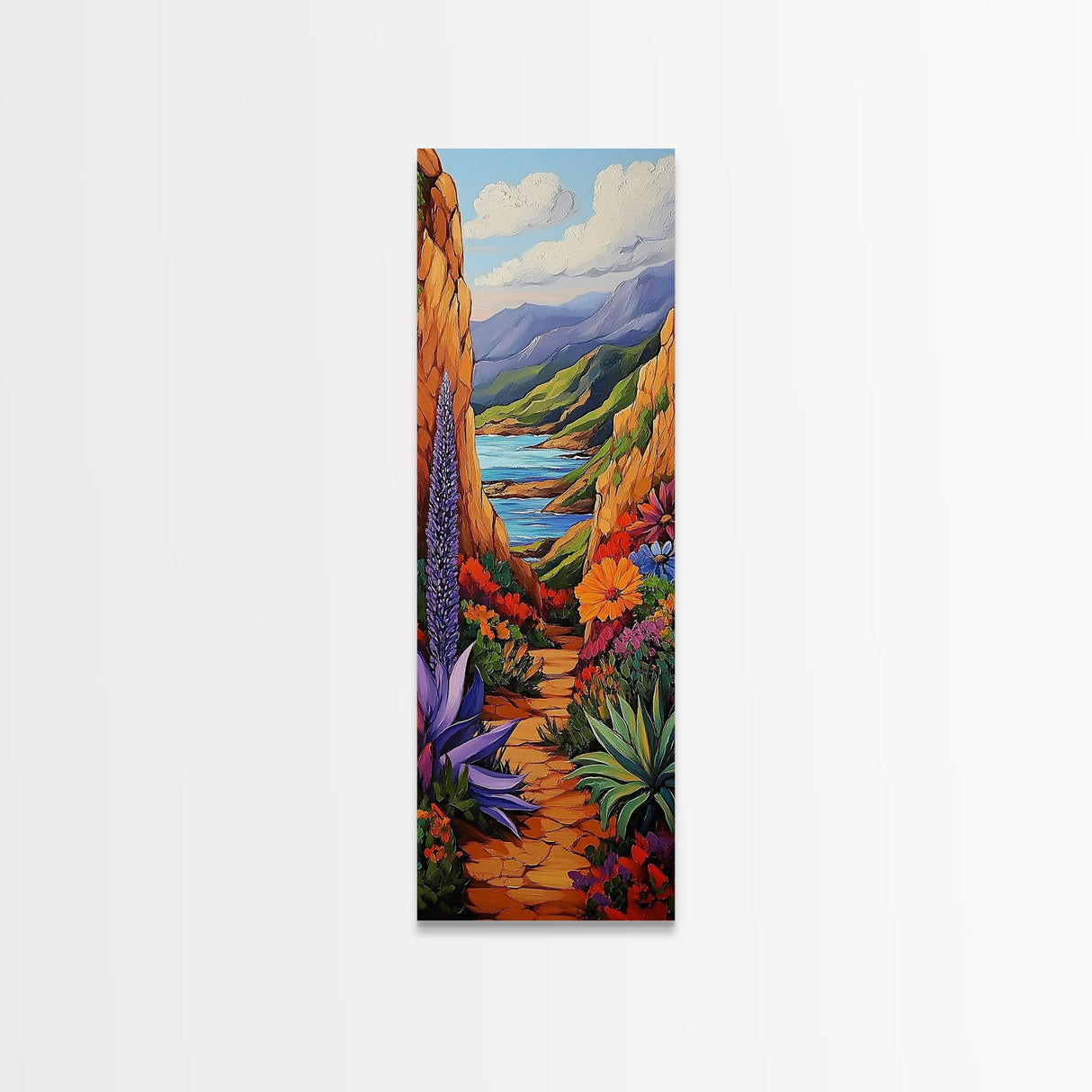 Colorful Desert, Garden, Pathway, Framed Canvas Print, boho art, hallway wall decor, vibrant landscape painting, cactus desert art