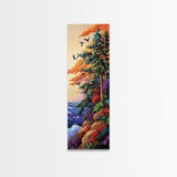 Forest Cliffside, Birds, Ocean, Canvas Print, vibrant fall art, whimsical nature scene, cabin wall art, living room or den decor