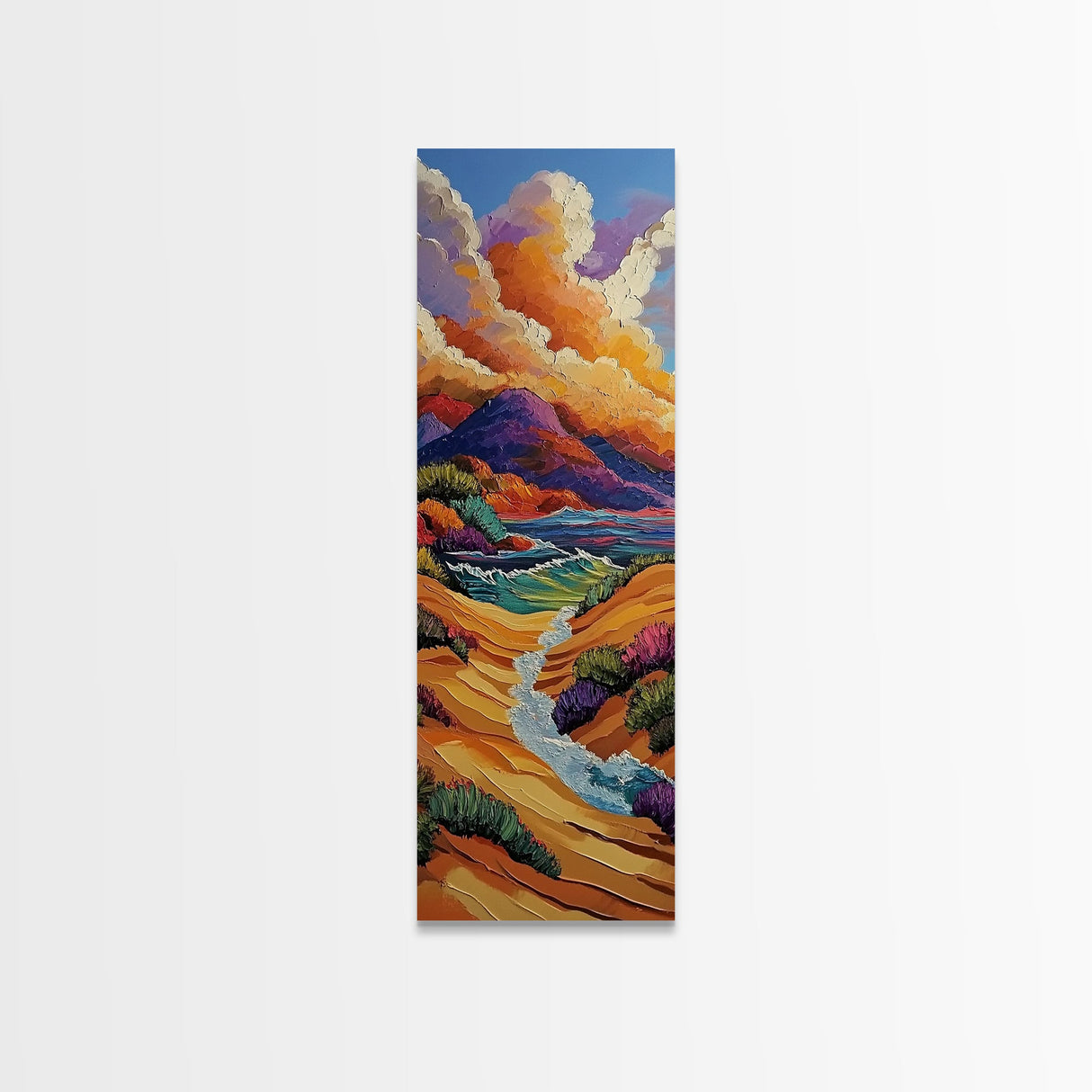 Dunes River, Mountains, Sunset, Framed Canvas Print, southwestern art, fall landscape painting, rustic home hallway wall decor