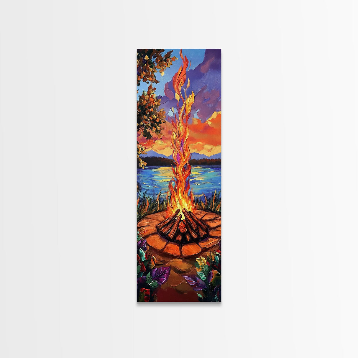 Campfire Flames, Sunset Lake – Rustic Firepit Wall Art, Cozy Cabin Vibes, Autumn Nature Scene, Framed Canvas Print, Lodge Decor