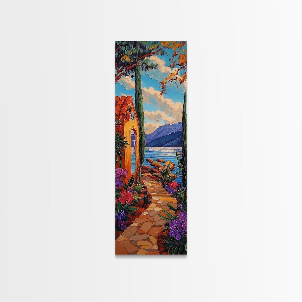 Seaside Garden, Pathway Escape, Framed Canvas Print, Mediterranean wall art, kitchen wall decor, colorful boho art, coastal landscape