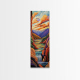 Canyon Sunset, Waterfall Calm, Framed Canvas Print, dramatic mountain wall art, nature inspired living room decor, colorful scenic landscape