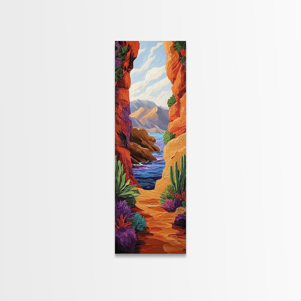 Desert Ocean, Cactus View, Framed Canvas Print, southwestern boho wall art, colorful nature painting, rustic hallway decor, warm earth tones