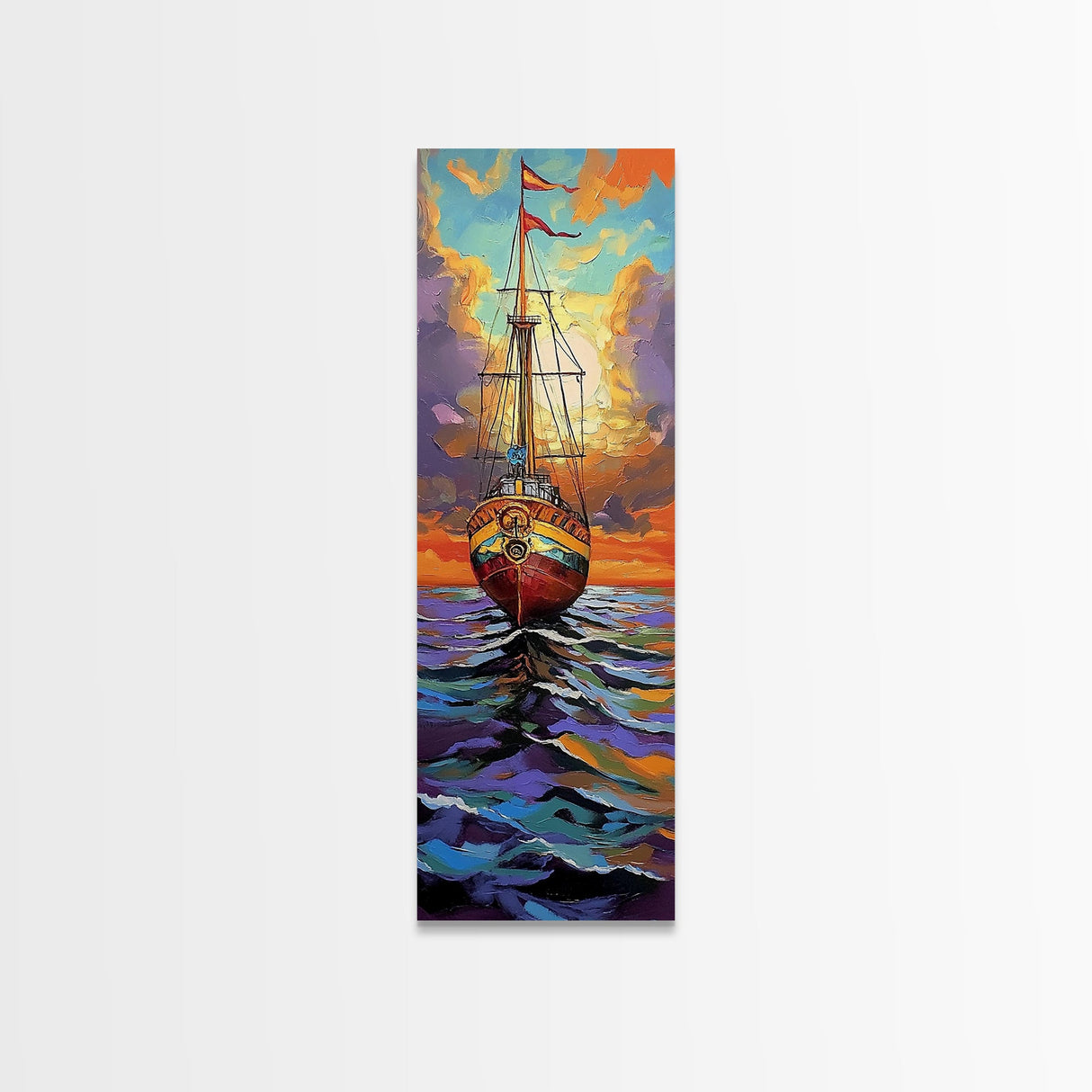 Pirate Ship, Sunset Ocean, Framed Canvas Print, nautical wall art, sailing adventure painting, moody seascape decor, office or den wall art